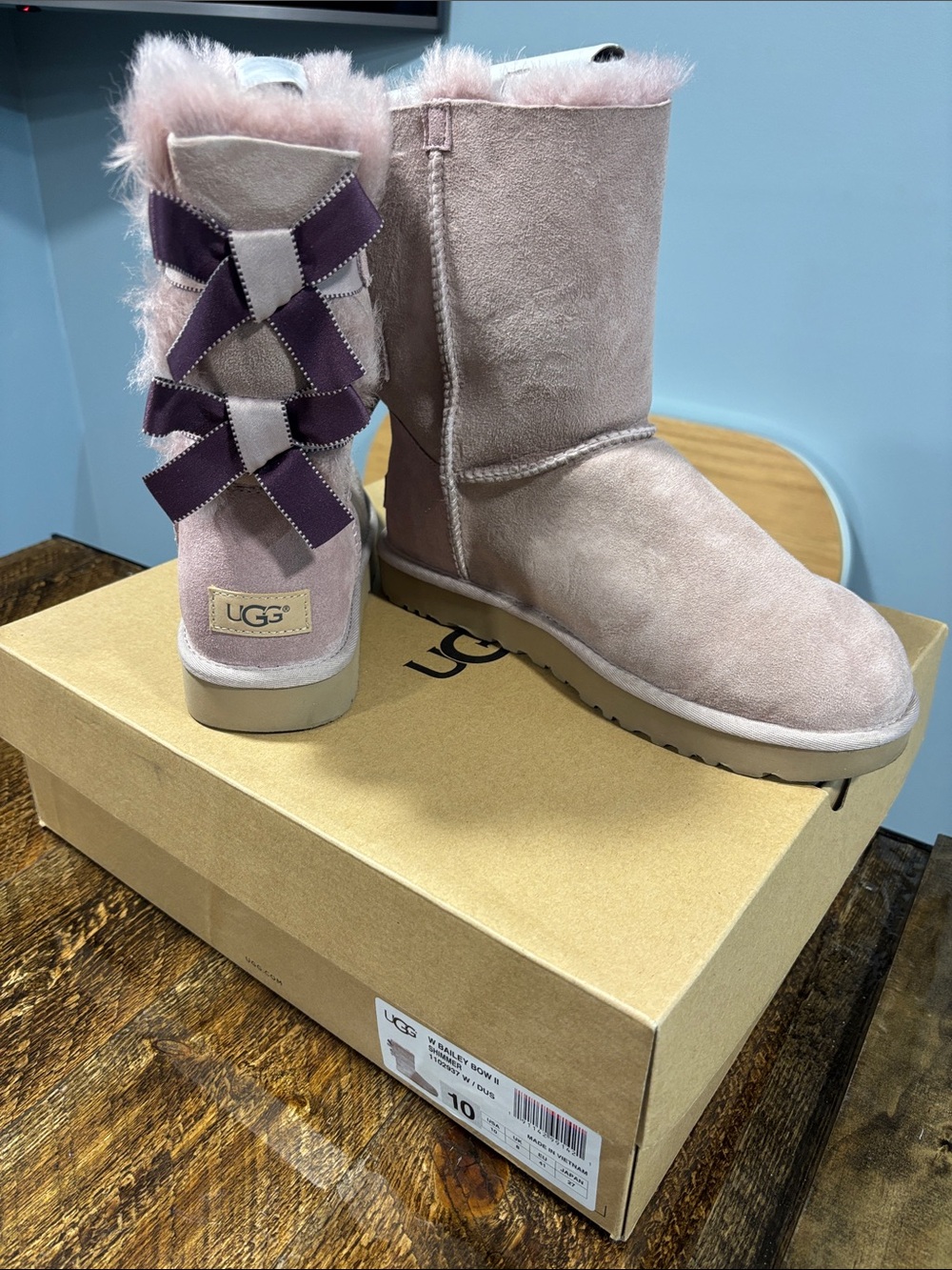 UGG Blush purple Suede Bailey Bow Boots with Purple Ribbon